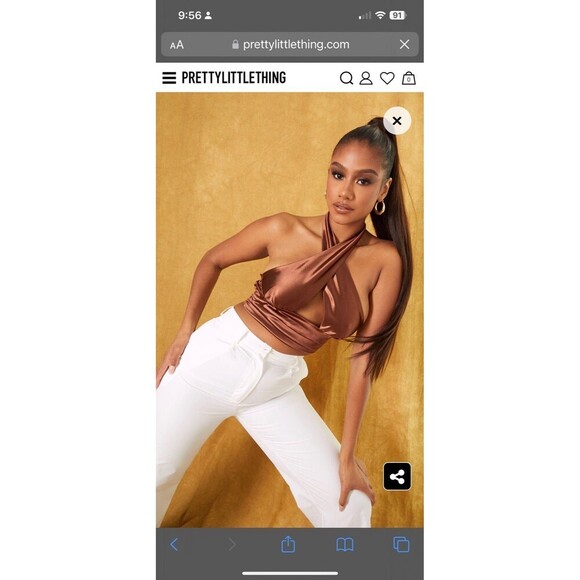 prettylittlething Chocolate Satin Cross Front Ruched Waist Halterneck Crop Top - Picture 4 of 11